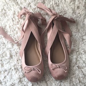 Flat pink ballerina flats with ankle tie size 7